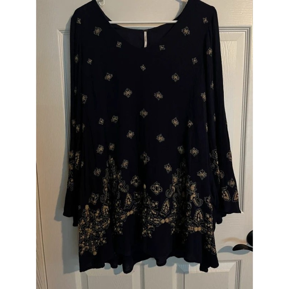 Free People, Navy & Gold Medallion Print Boho Asymmetrical Tunic Dress
